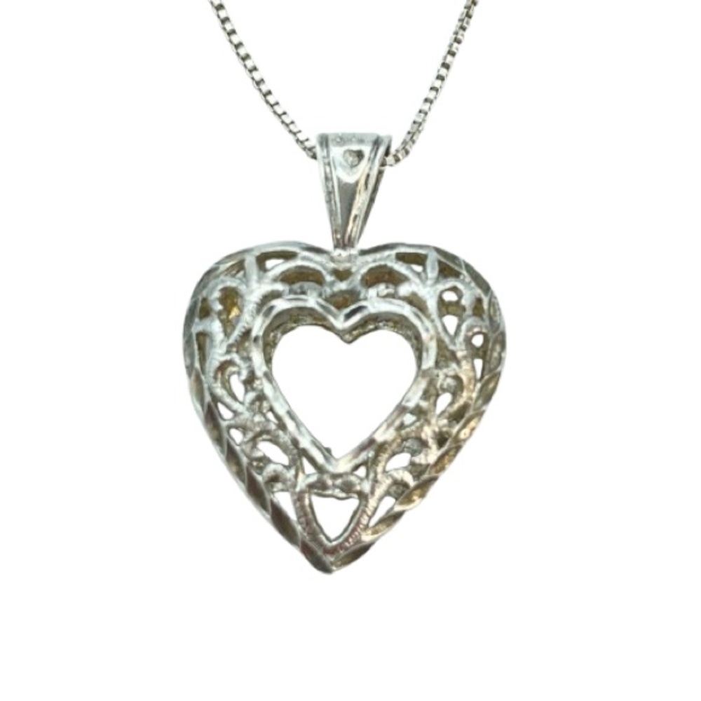 Silver Filigree Open Heart Pendant & Chain Necklace 925 Sterling | Etched Charm
